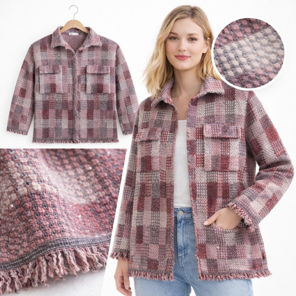 ZARA Pink Metallic Tweed Knit Shacket Jacket Check Frayed Trim Boxy S/M
